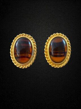 Vintage Leslie Block Amber Cabochon Clip Earrings Gold Rope Border 80s Bold Rich